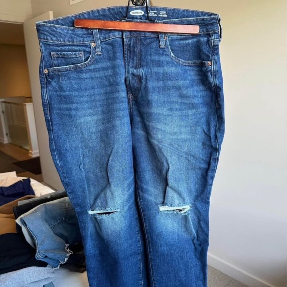 Old Navy Straight Leg Jeans, Dark Wash with Ripped Knees, Size 14
